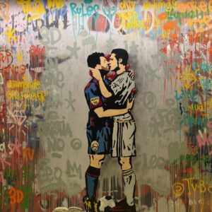 Colorful street-art style painting of Messi and Ronaldo kissing, displayed at The Off Museum in Barcelona.