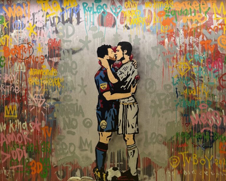 Colorful street-art style painting of Messi and Ronaldo kissing, displayed at The Off Museum in Barcelona.