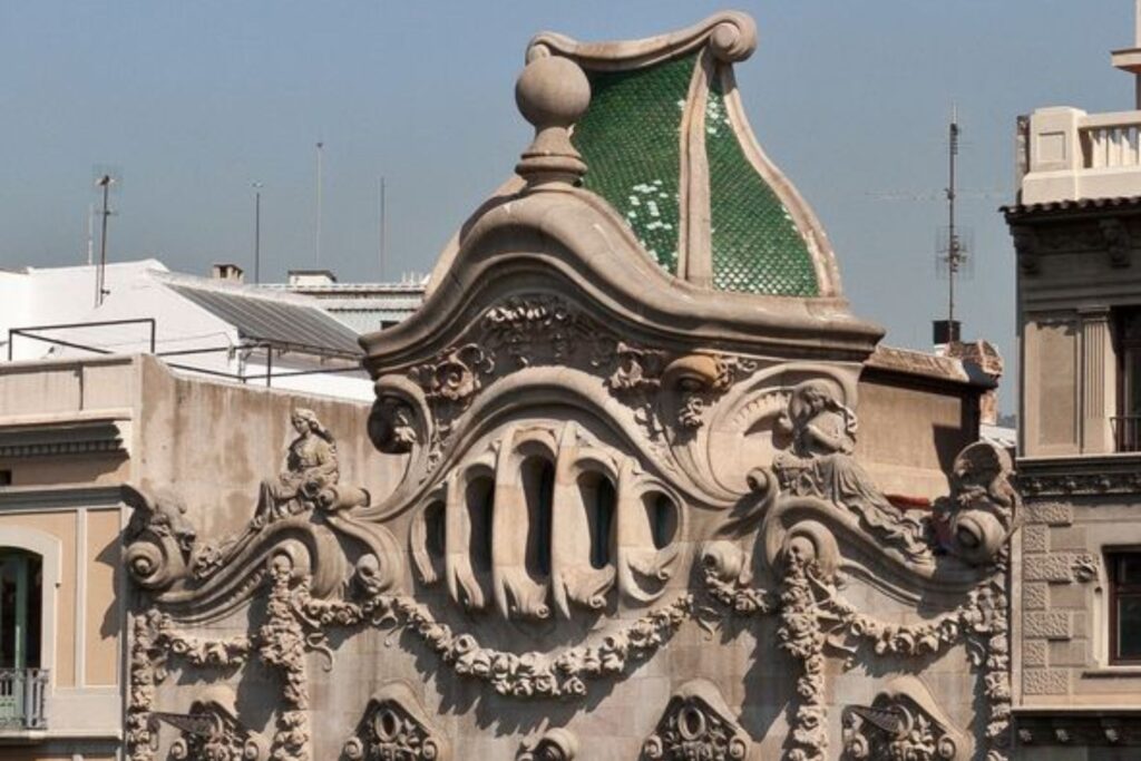 Ornamental rooftop detail of Casa Amatller in Barcelona.