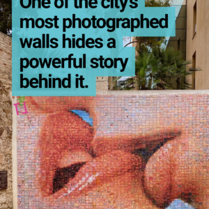 The Kiss Mural in Barcelona, a photo mosaic by Joan Fontcuberta showing a couple kissing, located in the Gothic Quarter near Barcelona Cathedral